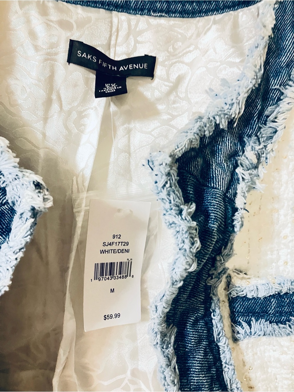 Saks Fifth Avenue Frayed Denim-Trim Metallic White Bouclé Tweed Blazer: Medium - Picture 4 of 6